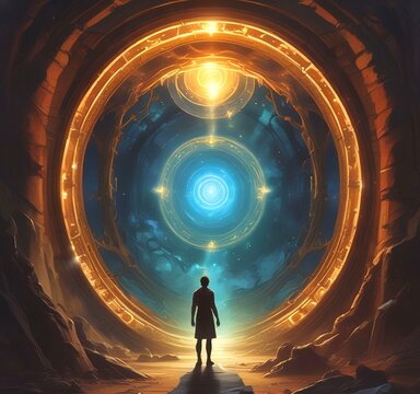 Illustration of glowing portal in new dimension.