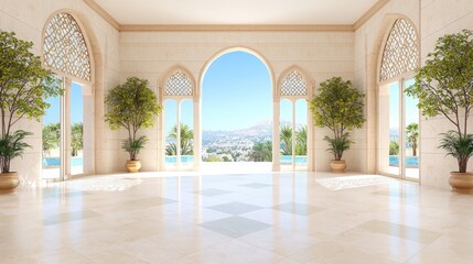 Luxurious interior courtyard overlooking scenic vista