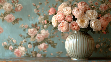 A vintage wallpaper with delicate stripes and floral accents in soft pastel tones