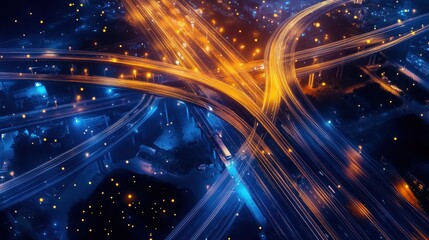 Fototapeta premium A vibrant aerial view of illuminated highways at night, showcasing light trails and an intricate network of roads.