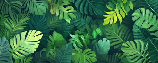 Tropical jungle vector background with lush green foliage.