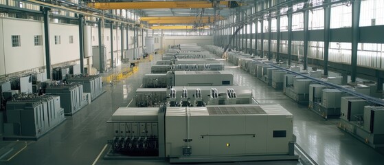 Fototapeta premium A spacious industrial facility showcasing rows of large machinery under bright, natural light from expansive windows.