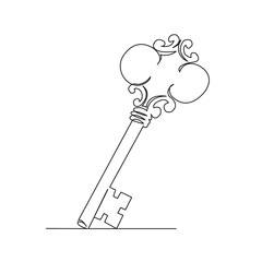 One continuous single drawing line art flat doodle key, clue, clef, lock. Isolated image hand draw contour on a white background
