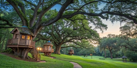 Obraz premium Enchanting Green Park with Cute Tree Houses & Fairy Tale Homes - Watercolor Children's Room Decor