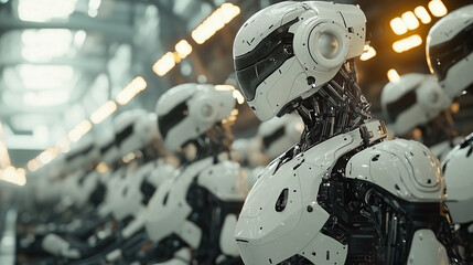Fototapeta premium White humanoid robots in high-tech industrial environment
