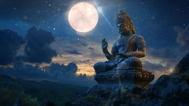 a statue of a god that is very dignified and beautiful when the moon is full. seamless looping time-lapse virtual 4k video Animation Background.	