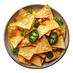 Delicious nachos topped with cheese, jalape?os, and fresh herbs on a plate