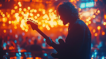 Guitarist playing electric guitar on stage in bokeh lights.