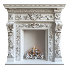 Naklejka premium Ornate white fireplace with decorative carvings and glowing firewood