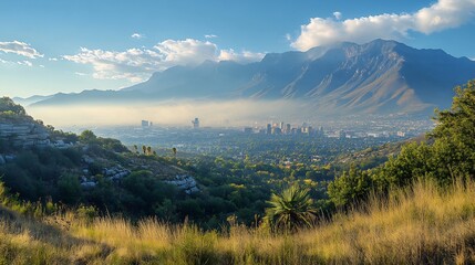 Obraz premium Golden hour light bathes serene mountain valley city vista. AI Generated