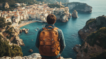 Traveler with backpack overlooking coastal town and cliffs