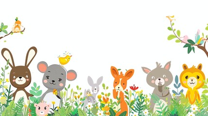 A group of cartoon animals in a grassy field.