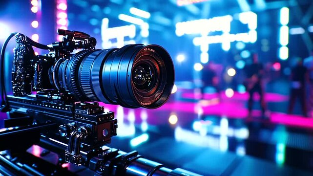 Close-up of a professional camera rig setup on a bustling film set.