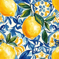 Lemons, blue tile pattern, summer fruit, vibrant design, fabric print