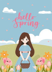 Charming flat-style illustration of a young girl in a blue dress holding a basket, surrounded by blooming spring flowers. Perfect for spring-themed designs, postcards, and seasonal projects.