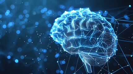 A digital illustration of a human brain, rendered in a blue and white color scheme.