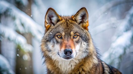 Obraz premium Eurasian Wolf Winter Portrait: Intense Gaze, Minimalist Photography