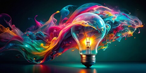 Eureka Moment: Vibrant Liquid Paint & Glowing Lightbulb Double Exposure