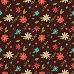 Decorative flowers Pattern with dark brown background. For textile design, for posters, postcards designs, social media.