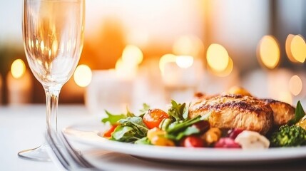 Delicious Grilled Chicken Dinner with Salad and Wine