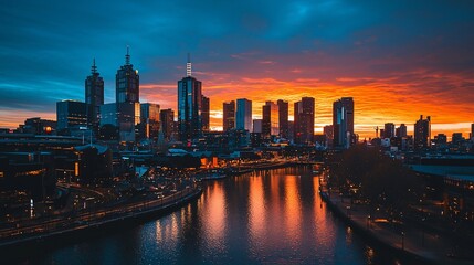 Fototapeta premium Vibrant sunset over Melbourne skyline reflecting on the Yarra River, showcasing urban life