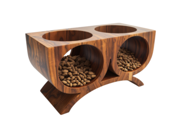 Elegant wooden pet food dispenser with dual compartments for feeding in a modern living space isolated on transparent background