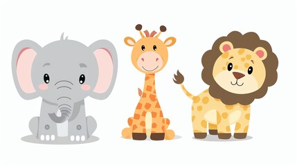 An elephant, giraffe, and lion are drawn in a cartoon style.