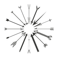 Arrow set illustration. Decorative tribal arrows. Black outline graphic. Vector illustration.