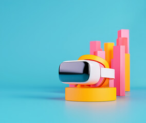 Obraz premium A modern virtual reality headset placed on colorful geometric shapes against a bright blue background.