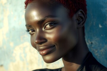 Commercial commercial idea art. Attractive smiling black girl - for ads, brochure and internet use. Short hairdo - red hair. Black girl elegance. Artistic black ads. Model campaign ads.