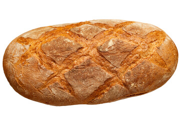 Appetizing, freshly baked traditional handmade bread with crispy crust and porous texture. One loaf of bread isolated on white background.