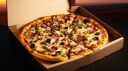 Delicious Meat Lovers Pizza in Cardboard Box