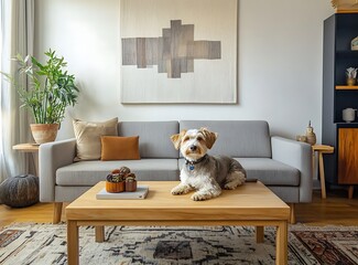 A contemporary Scandinavian living room with a sleek gray sofa, a wooden coffee table, and a charming dog sitting on the couch