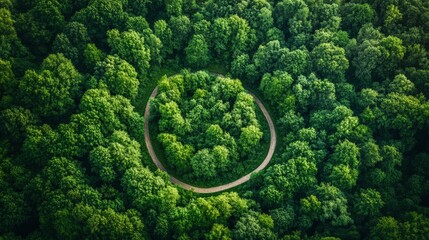 Bird's eye perspective of a verdant woodland with a serpentine path, highlighting the splendor of nature and sustainable principles through an esg approach