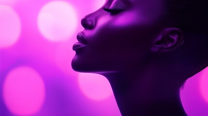 Obraz premium Elegant female profile in soft purple lighting with blurred bokeh background, emphasizing beauty and serenity