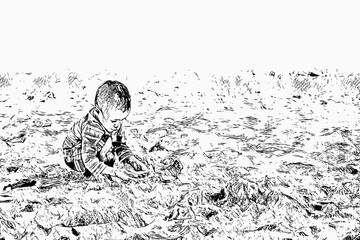 "Timor Child Playing in Nature - Black and White Line Art Illustration Depicting Innocence and Exploration for Wall Art & Digital Downloads"