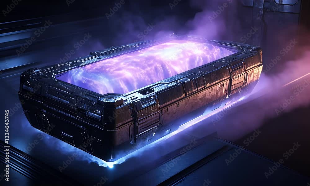 Aufkleber glowing energy container in futuristic lab; science fiction background