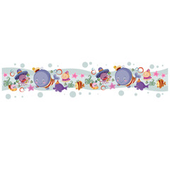 banner of cartoon cute sea inhabitants, isolated object on white background, vector illustration,