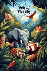 Illustration of jungle wildlife with an elephant, tiger, red panda, and birds among lush greenery celebrating nature
