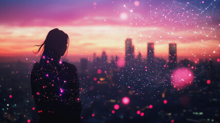 Fototapeta premium Abstract business woman stands on Smart digital Innovation city with connection network reciprocity over the twilight cityscape. of future wireless digital city and social media networking systems
