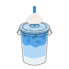 Blue latte and tea. Butterfly pea drinks. Ceramic cup on saucer, glass double wall cup. Blue tea drink with milk foam. Blue iced matcha latte in various cups. Vector Illustration, flat cartoon Icons.