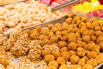 Closeup Of Taiwanese Fried Sesame Balls Display