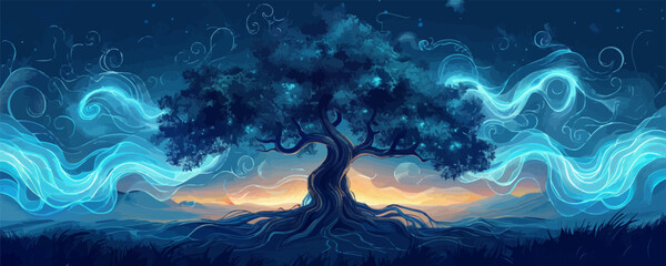 Mystical night vector: enchanted tree with glowing energy swirls.
