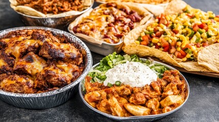 Fototapeta premium Delicious Variety of Mexican Food Dishes in Aluminum Trays