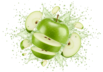 green apple with juice splash isolated on transparent background
