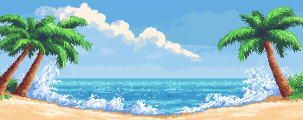 Tropical beach scene with palms and ocean waves - vector art.