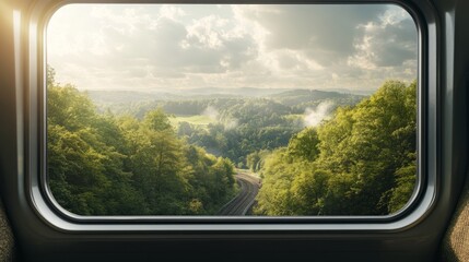 Scenic train ride with a window view of dense green forests, rolling terrain, and a bright, sunny sky, perfect for a tranquil escape.