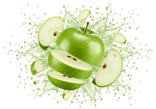 green apple with juice splash isolated on transparent background
