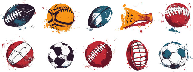 Vector set of grunge sports balls icons on white background.