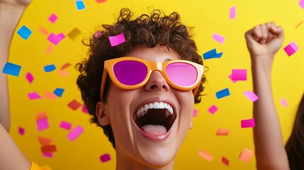 A Young Woman's Joyful Celebration: Confetti, Bright Colors and Pure Happiness